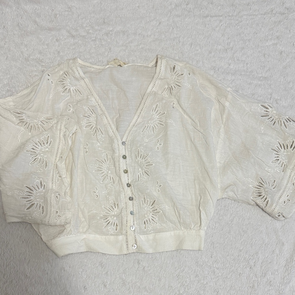 lovestitch Cream Eyelet Embroidered Button-Front Blouse